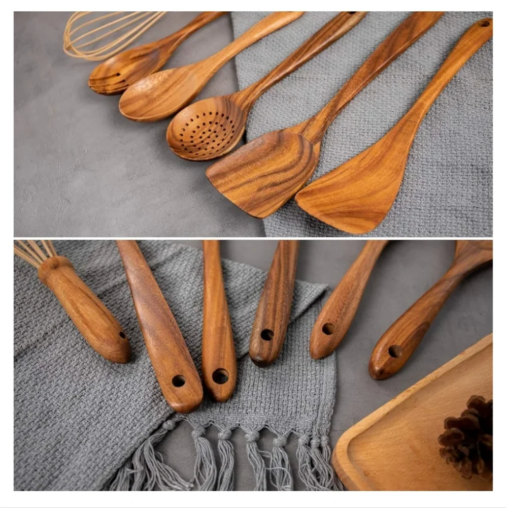 10 Pack Wooden Spoons for Cooking Teak Wood Kitchen Utensils Set Natural Boho
